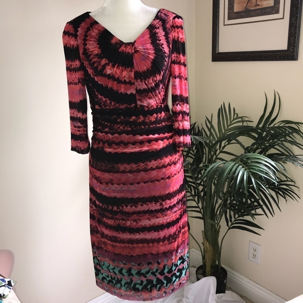 Kay Unger Stretch 3/4 Sleeve Gathered Ruched Sides Women’s Dress L Red Black*